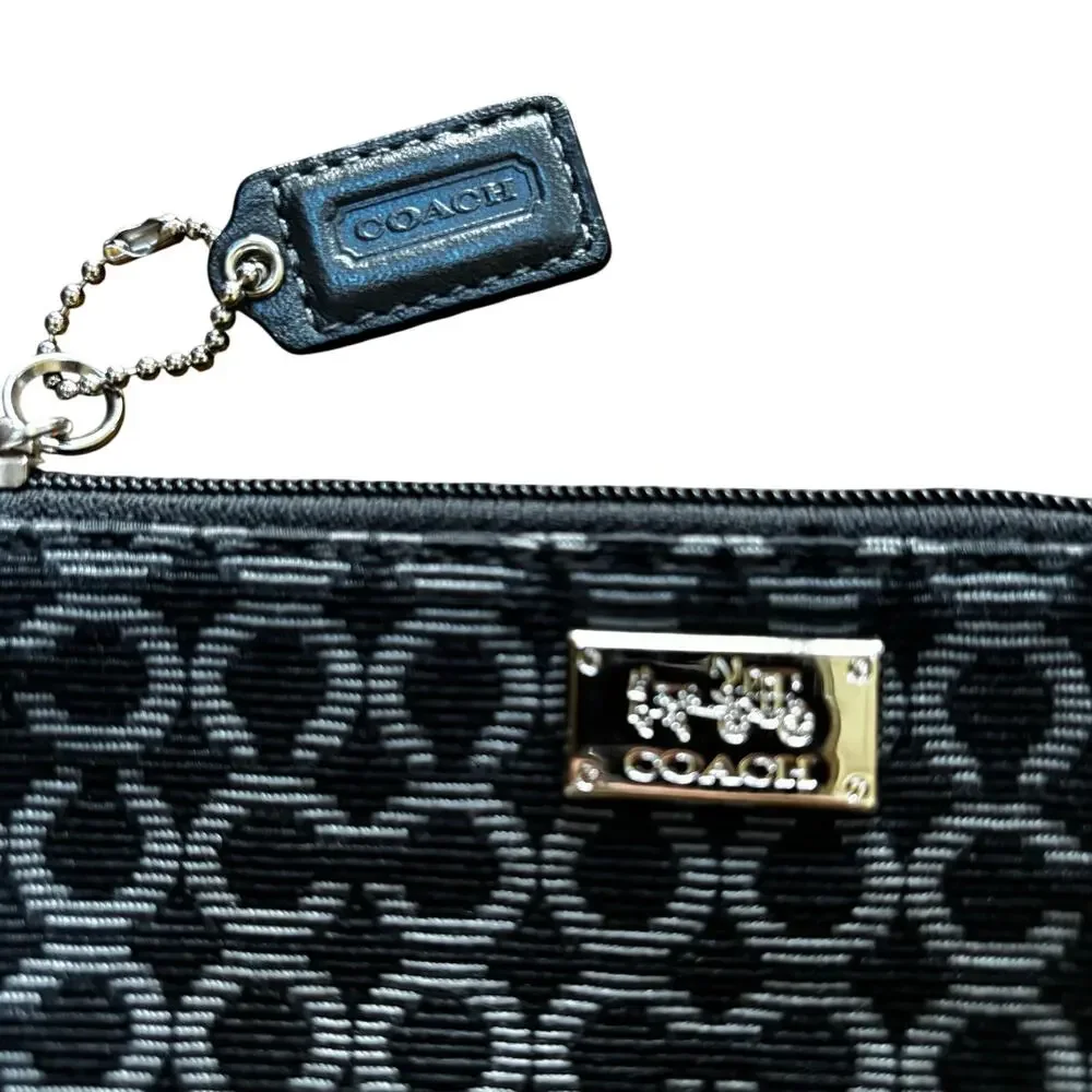 Coach black and gray mini wallet pouch zipper top signature logo print canvas